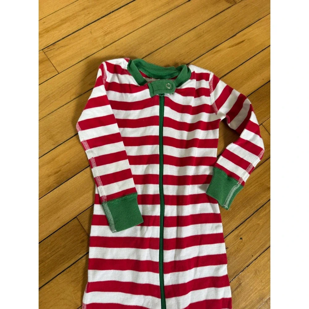 Hanna Andersson red and green striped Christmas infant pajama one piece zip up